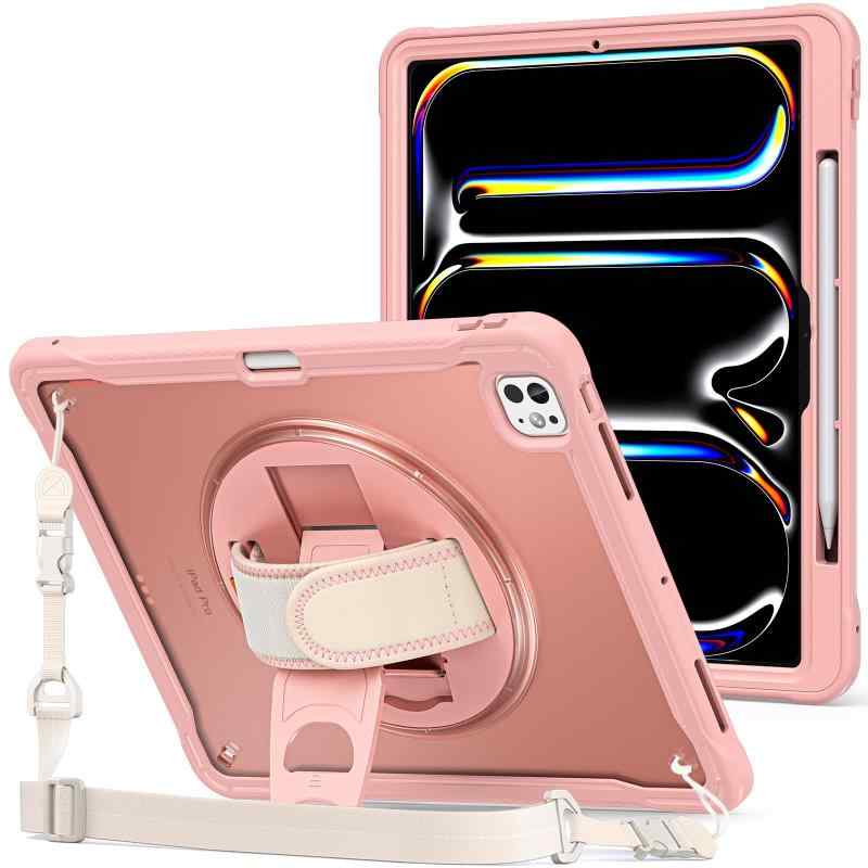ProCase iPad Pro 13インチ M4 (2024) ショルダーケース 肩掛け式 子供・現場作業用 耐衝撃 半透明カバー ペン収納 360°回転スタンド 手首付き 3層保護