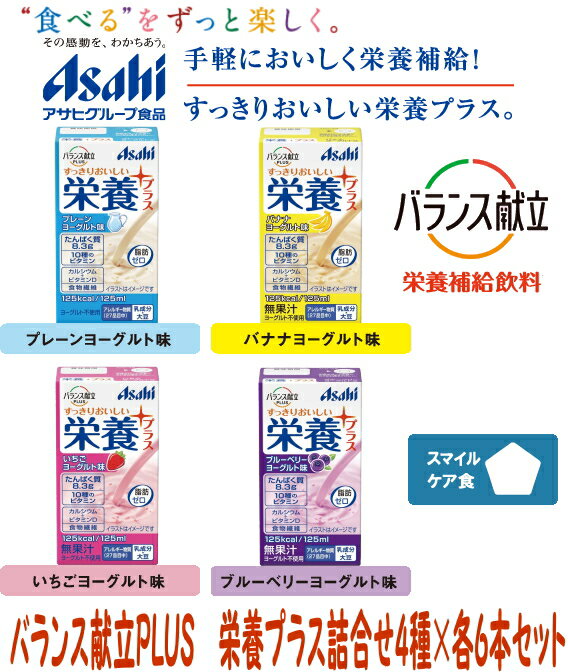 楽天健康と介護のお店　ふれiタウン【アサヒ/和光堂】バランス献立PLUS 栄養プラス4種各6本アソートセット プレーンヨーグルト味 バナナヨーグルト味 いちごヨーグルト味 ブルーベリーヨーグルト味各6個 エネルギー たんぱく質の補給に。高齢者/介護食