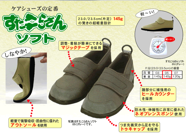 アスティコ すたこらさんソフト05 グレー 3E 両足販売 男女兼用 外出用 衝撃吸収つまずき防止、脱ぎ履きしやすい全面開放マジックベルトトゥスプリングでつまずきによるケガを予防【サイズ：22.0/22.5cm〜27.0/27.5cm】介護 福祉 サービス 高齢 者 デイ サービス シニア 2