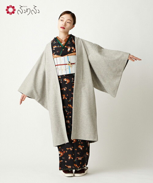 キツネ羽織コート公式 ふりふ羽織 レディース 和風 和 着物用 アウター 着物コート ロング丈 羽織り風 着物 うさぎ ウサギ 和柄 カジュアル フォーマル 大人 レトロ モダン 大正ロマン ギフト プレゼント 実用的 白 グレー ベージュ 着やすい あったか 保温のサムネイル