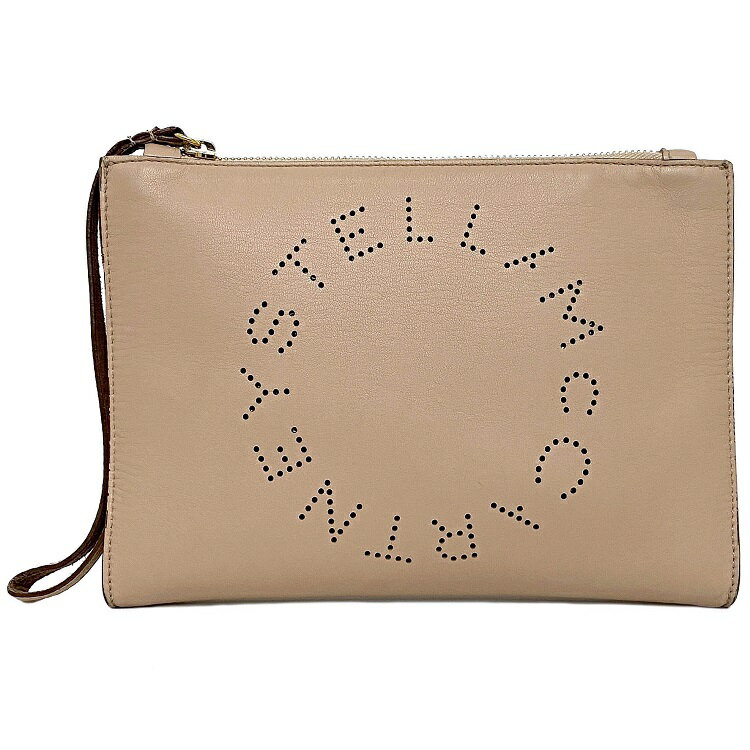 【送料無料】 ステラマッカートニー クラッチバッグ ベージュ 502892 W892 6802 ストラップ付 レザー 中古 STELLA McCARTNEY ロゴ パンチング ミニ ファスナー パーティーバッグ 定番 人気 シンプル 無地 本革 ソフトレザー ゴールド金具 ポーチ ブランド 本物 鑑定済み