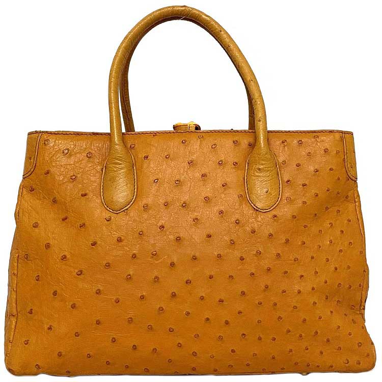 【送料無料】 ハンドバッグ イエロー オレンジ 美品 レザー オーストリッチ 中古 リアルレザー ダチョウ 本革 トートバッグ シンプル 軽量 革 ノーブランド レディース バッグ 女性 鞄 レザーバッグ トート 革バッグ クイルマーク ゴールド金具 外ポケット有 本物 鑑定済みのサムネイル