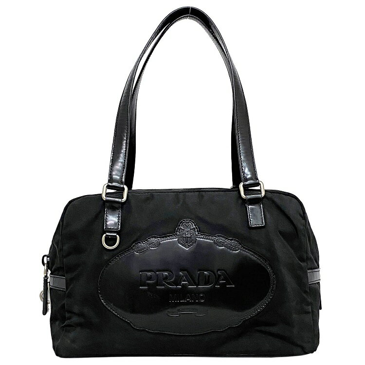 【送料無料】 プラダ ミニ ボストンバッグ ブラック シルバー BR3150 ハンドバッグ ナイロン レザー 中古 PRADA ロゴ ファスナー 軽量 肩掛け ヴィンテージ 定番 人気 レディース ミニボストン バッグ ヴィンテージバッグ 女性 鞄 ナイロンバッグ 革 シンプル 本物 鑑定済み