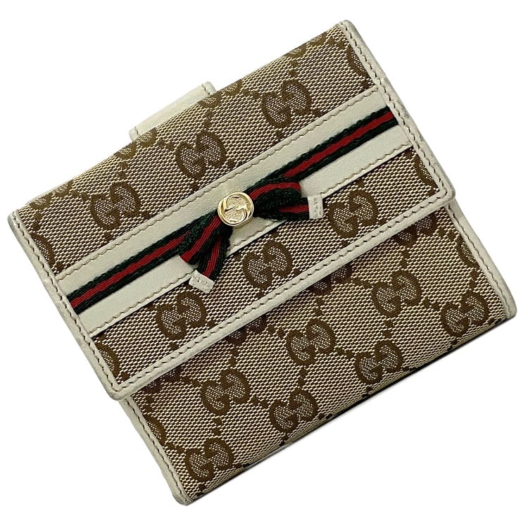 【送料無料】 グッチ ダブルホック 財布 ベージュ ホワイト シェリー 256997 美品 キャンバス レザー 中古 GUCCI 二つ折り リボン GG Wホック ヴィンテージ ホック 定番 人気 女性 レディース 高級感 エレガンス 上品 お洒落 シンプル 総柄 ロゴ 革 ブランド 本物 鑑定済み