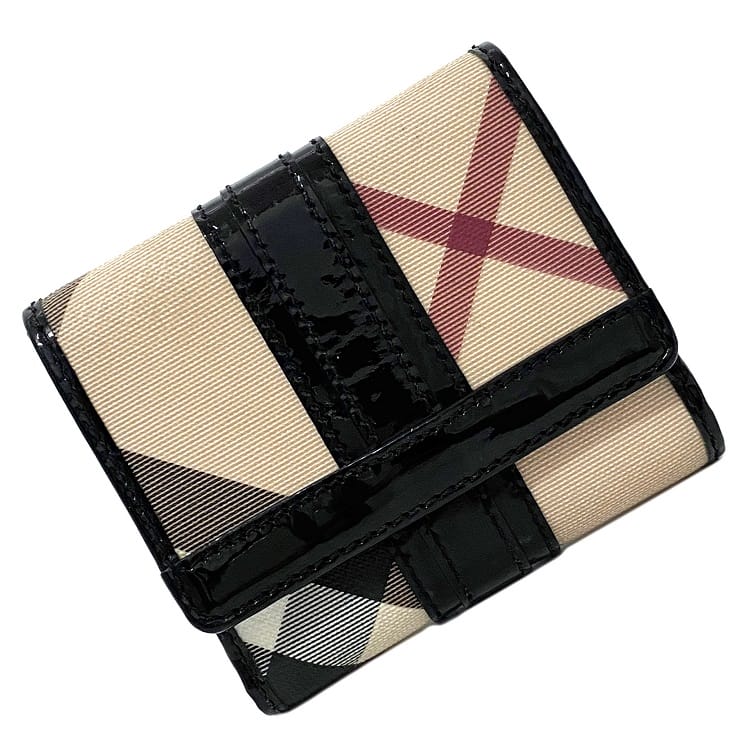 【送料無料】 バーバリー Wホック 財布 ベージュ ブラック チェック 美品 ダブル PVC パテント レザー 中古 BURBERRY 二つ折り フラップ ホック コンパクト ミニ 定番 人気 女性 レディース 高級感 上品 オシャレ エレガンス 通勤 通学 シンプル 革 ブランド 本物 鑑定済み