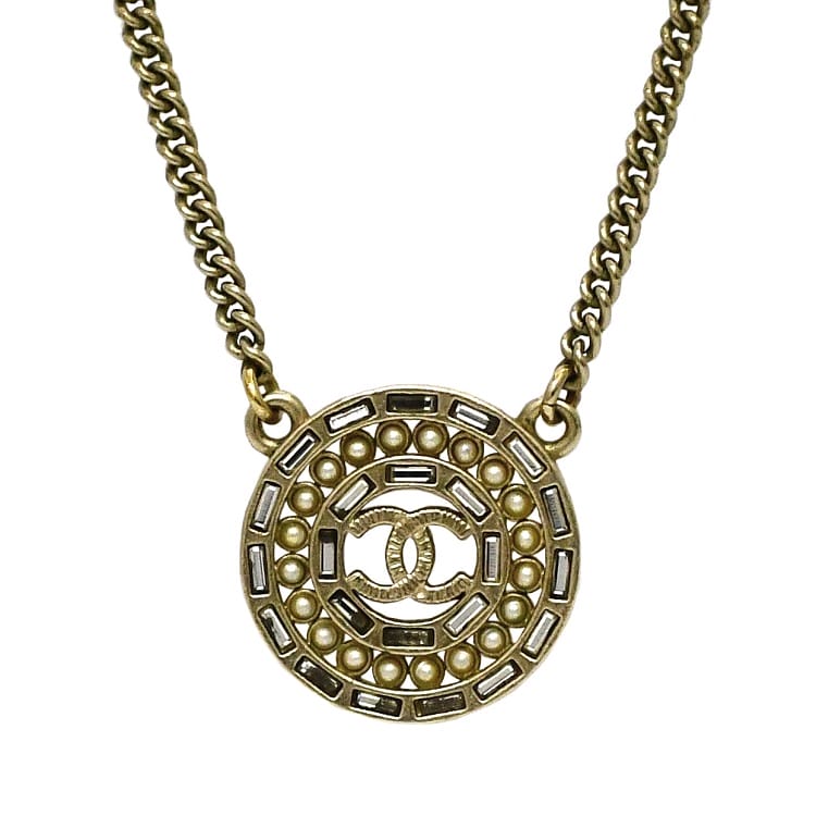  シャネル ネックレス ゴールド ココマーク アクセサリー GP フェイクパール ラインストーン 中古 A16 P CHANEL ジュエリー ロゴ 丸 定番 人気 ペンダント レディース ラウンド 長さ調節可 アジャスター お洒落 高級感 上品 エレガント ブランド 本物 鑑定済み