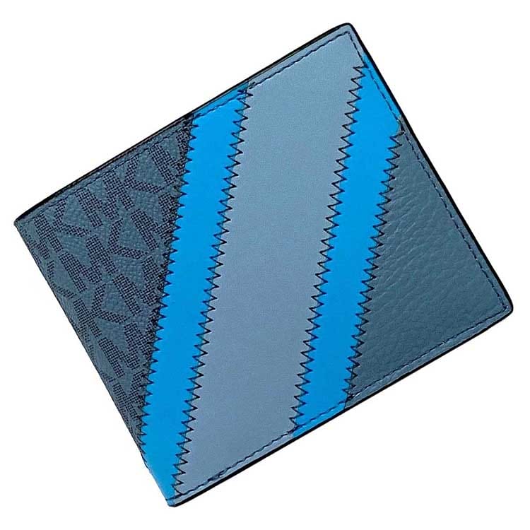 【送料無料】 マイケルコース 二つ折り 財布 ブルー ライトブルー 36R3LCOF3U 美品 折り財布 レザー Sランク MICHAEL KORS ストライプ パッチワーク ステッチ 定番 人気 女性 レディース プレゼント ギフト 贈り物 革 本革 お洒落 高級感 エレガント ブランド 本物 鑑定済み