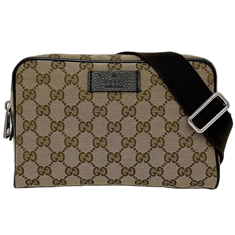 【送料無料】 グッチ ボディバッグ ベージュ ブラウン 449174 美品 キャンバス レザー 中古 GUCCI GG ベルトバッグ ファスナー 総柄 茶色 コンパクト 普段使い 旅行 ファッションバッグ 男女兼…