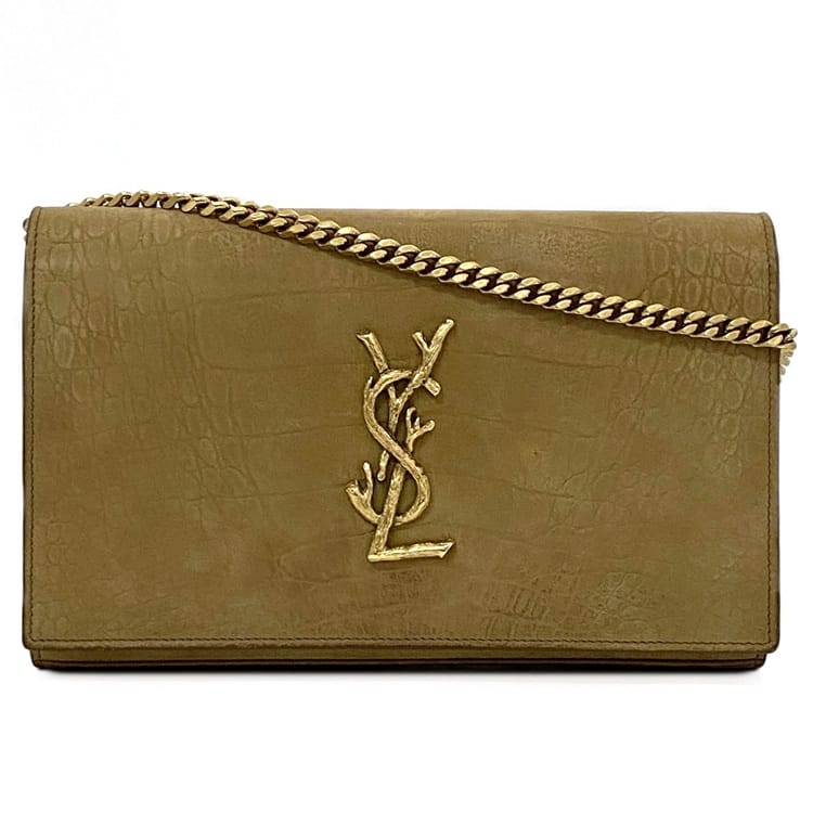 【送料無料】 サンローラン チェーン ショルダー ウォレット f-22200 ベージュ YSL 437507 美品 スエード レザー 中古 YBL437507 0516 SAINT LAURENT PARIS ウッド調 ロゴ フラップ クロスボディ ヴィンテージ モノグラム 茶色 女性 財布 男性 ブランド 本物 鑑定済み