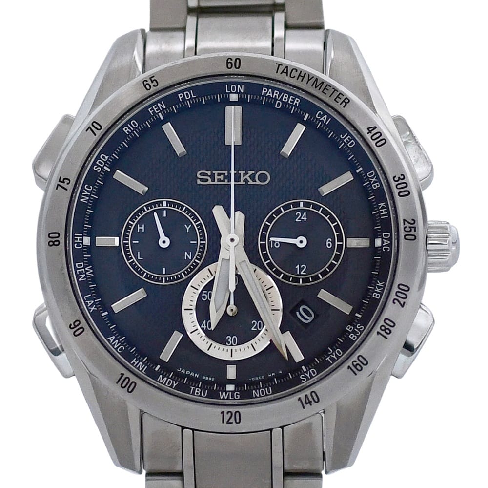 【送料無料】 セイコー 腕時計 ワールドタイムクロノクロノグラフ f-24332 ネイビー シルバー ブライツ 8B92-0AB0 時計 美品 SS 中古 ソーラー電池 840*** SEIKO ワールドタイム クロノ セイコーブライツ メンズ 男性 日付 アナログ 紺文字盤 シンプル ブランド 本物 鑑定済