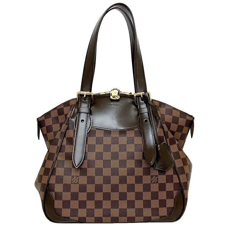 ルイ ヴィトン トートバッグ ヴェローナ MM ブラウン ゴールド ダミエ エベヌ N41118 美品 中古 DU3170 LOUIS VUITTON ハンドバッグ 鍵付き ファスナー 定番 人気 レディース トート バッグ 女性 肩掛け 鞄 茶色 本革 革 LV ロゴ 総柄 マチ有 本物 鑑定済み