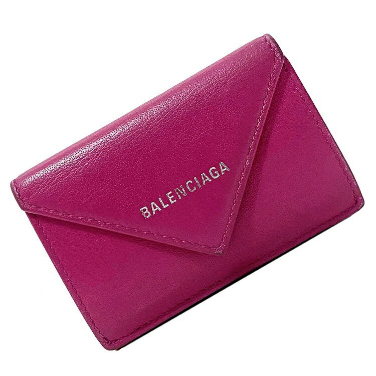 バレンシアガ 三つ折り 財布 ピンク ペーパー 391446 ミニ ウォレット レザー 中古 BALENCIAGA コンパクト 折り財布 ロゴ シンプル フラップ ホック 定番 人気 レディース レザーウォレット 女性 革財布 本革 無地 ワンポイント 小銭入れ有 本物 鑑定済み