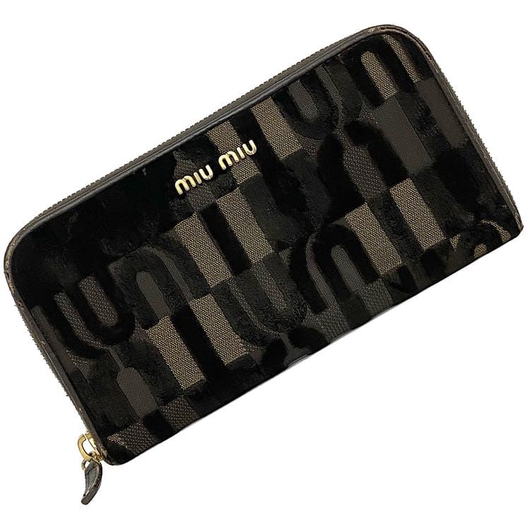 ミュウミュウ ラウンドファスナー 長財布 ブラウン 5M0506 美品 ジャカード レザー コットン 中古 miu miu 財布 ファスナー ロゴ 総柄 レア 人気 レディース ロングウォレット 女性 ラウンドファスナー長財布 本革 革 立体 茶色 箱付 ブランド 本物 鑑定済み