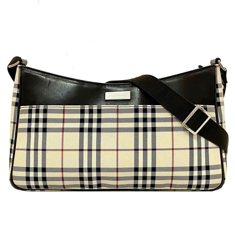 バーバリー ショルダーバッグ ベージュ ブラウン ノバチェック 美品 キャンバス レザー 中古 BURBERRY 茶色 肩掛け セミショルダー ファスナー ヴィンテージ 軽量 ロゴ チェック 定番 人気 レディース メンズ お洒落 高級感 上品 ブランド 本物 鑑定済み