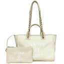 シャネル 2way トートバッグ ドーヴィルMM ホワイト ゴールド ドーヴィル 美品 チェーン ポーチ付 キャンバス レザー 中古 ランダム品番 CHANEL...