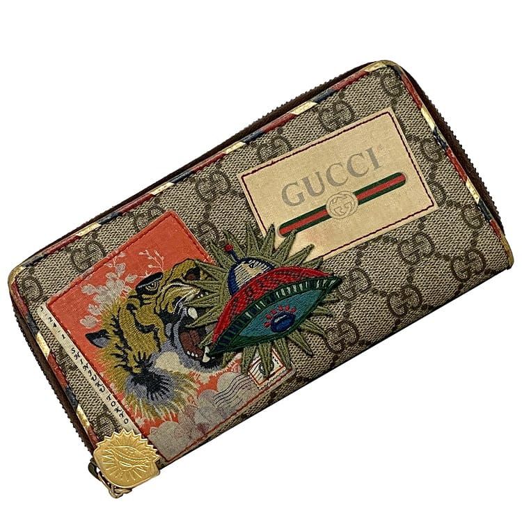 グッチ ラウンドファスナー 長財布 ブラウン GG スプリーム クーリエ 473909 美品 アップリケ レザー 中古 GUCCI 虎 ロゴ 定番 人気 茶色 総柄 個性 GGキャンバス レディース メンズ ロングウォレット 小銭入れ有 お洒落 高級感 上品 ブランド 本物 鑑定済み