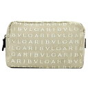 ブルガリ ポーチ ec-22042 ベージュ ロゴマニア 小物入れ 美品 キャンバス レザー 中古 BVLGARI ロゴ 刺繍 総柄 化粧ポーチ ファスナー コ...