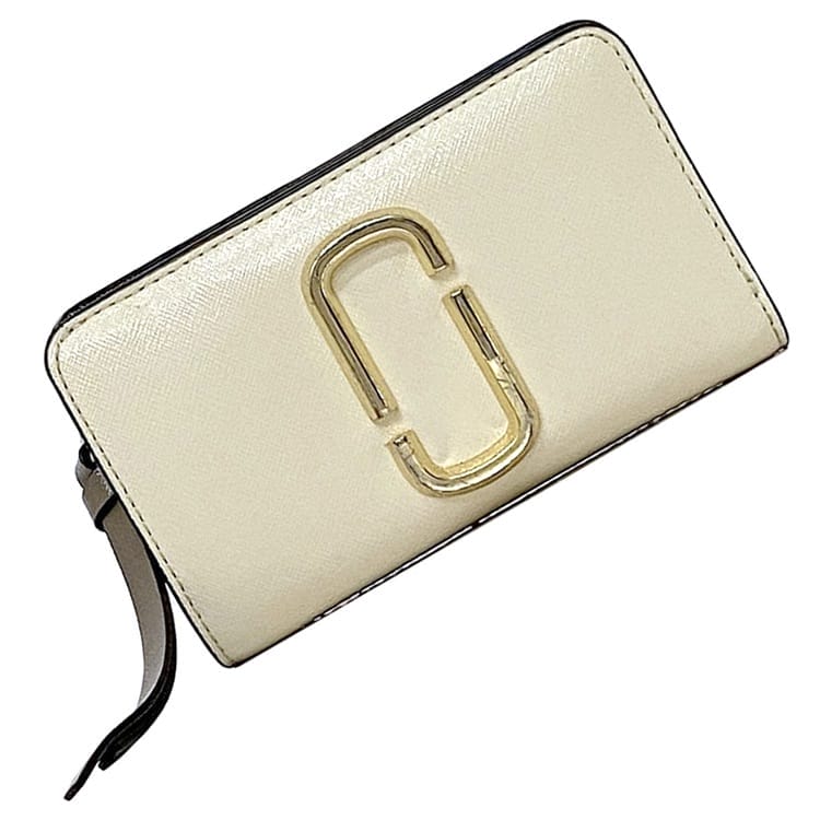 マークジェイコブス 二つ折り 財布 ec-22672 ホワイト ブラック スナップショット 美品 レザー 中古 MARC JACOBS ホック L字 ファスナー コンパクト ミニ お洒落 定番 人気 箱付き 女性 レディース 革 小物 ウォレット エレガント 上品 ブランド 本物 鑑定済み
