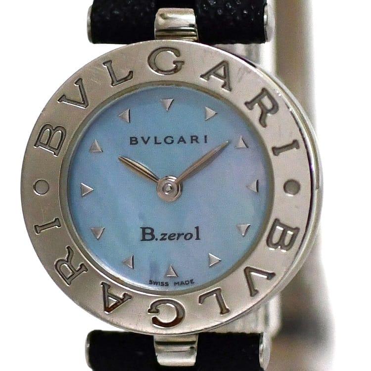 楽天フリマハイクラスブランド館ブルガリ 腕時計 ビーゼロワン f-24061 ブルーシェル シルバー ブラック B-zero1 BZ 22 S 美品 SS レザー 中古 クオーツ D519** BVLGARI レディース 女性 電池式 シェル文字盤 QZ シンプル 定番 人気 シェル 純正ブレス付 ブランド 本物 鑑定済み