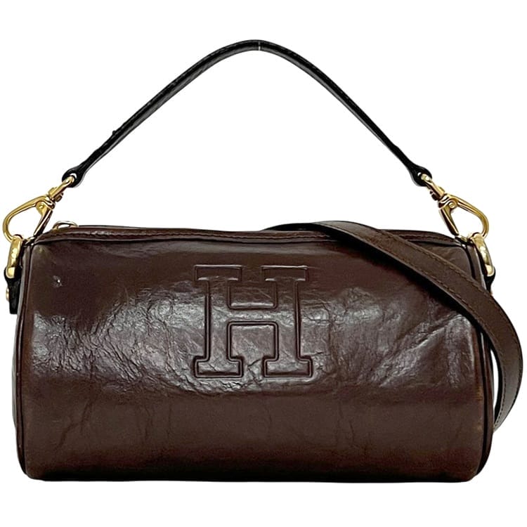 ヒロフ 2way ミニ ボストンバッグ ec-24498 ブラウン 美品 レザー 中古 HIROFU 斜め掛け 茶色 クロスボディ ミニボストン ミニバッグ Hロゴ ファスナー 革バッグ シンプル ロゴ刻印 ワンポイント ロゴ レディース 定番 人気 ヴィンテージ ブランド 本物 鑑定済