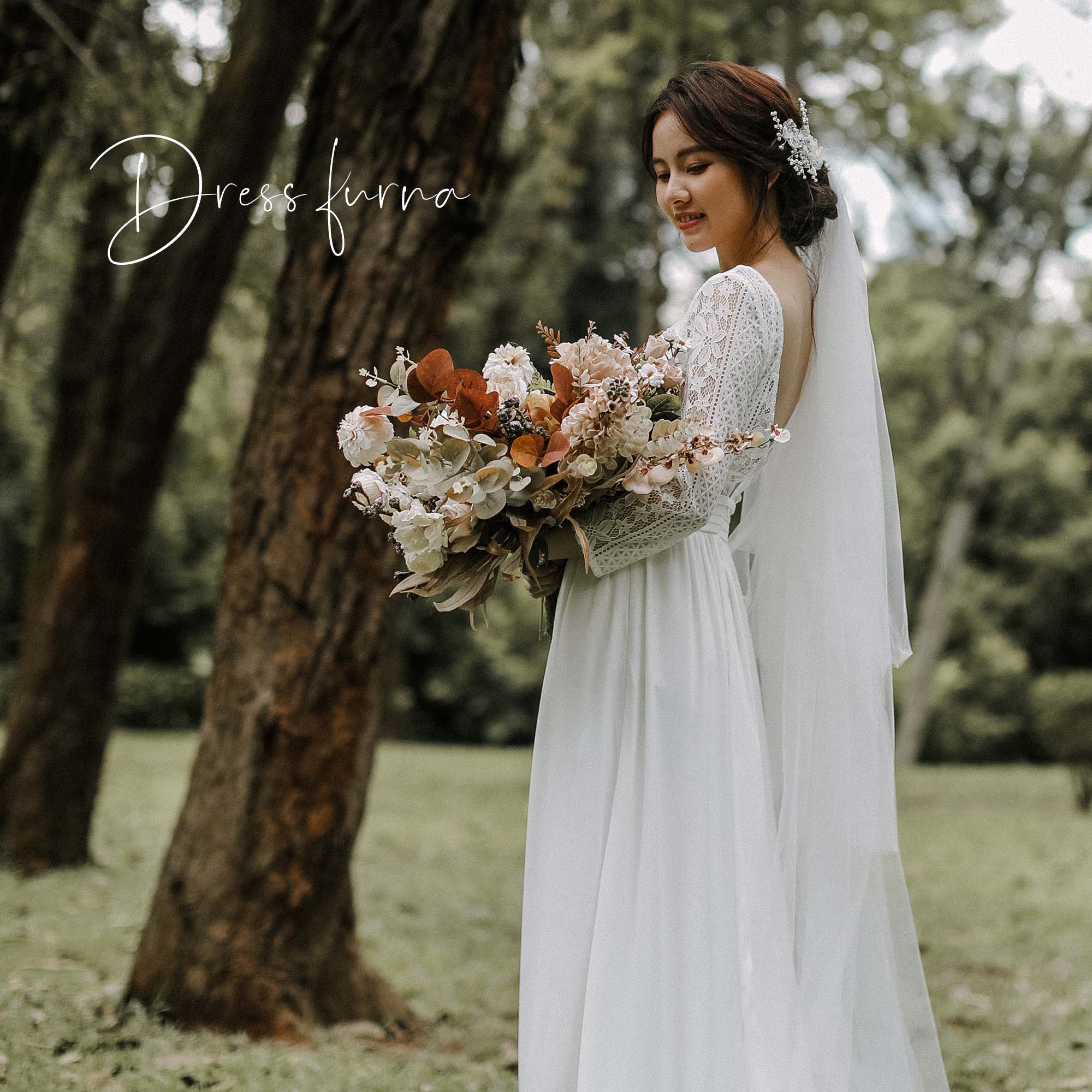 【 前撮り ドレス ワンピース 】 ウェディングドレス 袖あり エンパイアライン 花柄 レース 刺繍 七分袖 スレンダー シンプル 白 シースルー ワンピース ...