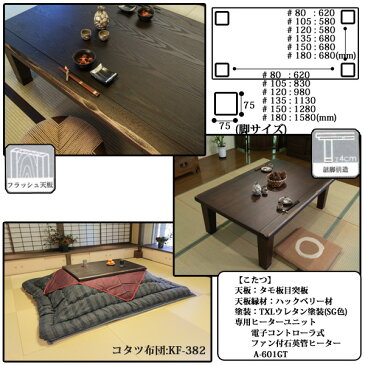 こたつ コタツ 炬燵 家具調 暖卓 国産天然木タモ板目突板 うづくり仕上げ掛け敷布団セット180cm幅 駿河KR #60 KF-382