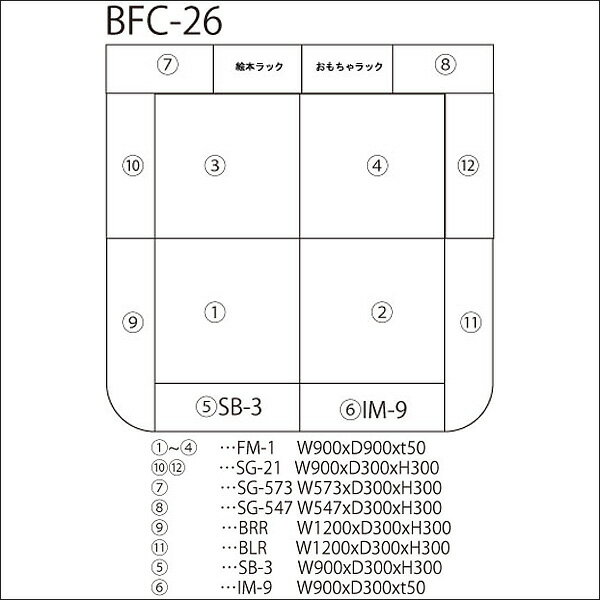 【 キッズコーナー 】 バンビファンシーセット 角・Rサイドガード 2畳 BFC26 （絵本ラック・おもちゃばこ・シューズボックス・入口マット付） ベビー 幼児 フロアマット キッズスペース