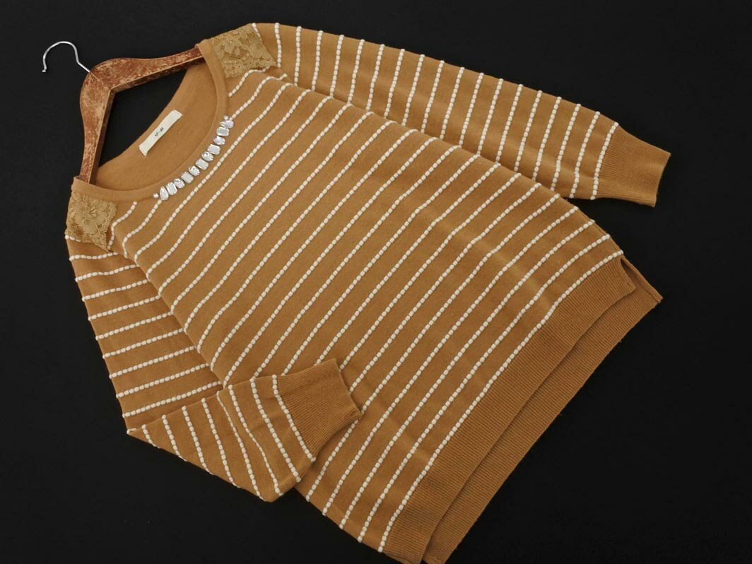 ef-de エフデ ウール混 ビジュー ボーダー ニット セーター size9/キャメル ◇■ ☆ fja1 レディース【USED】【中古】【古着】【ブランド古着買取・販売ABJ】(4.0)