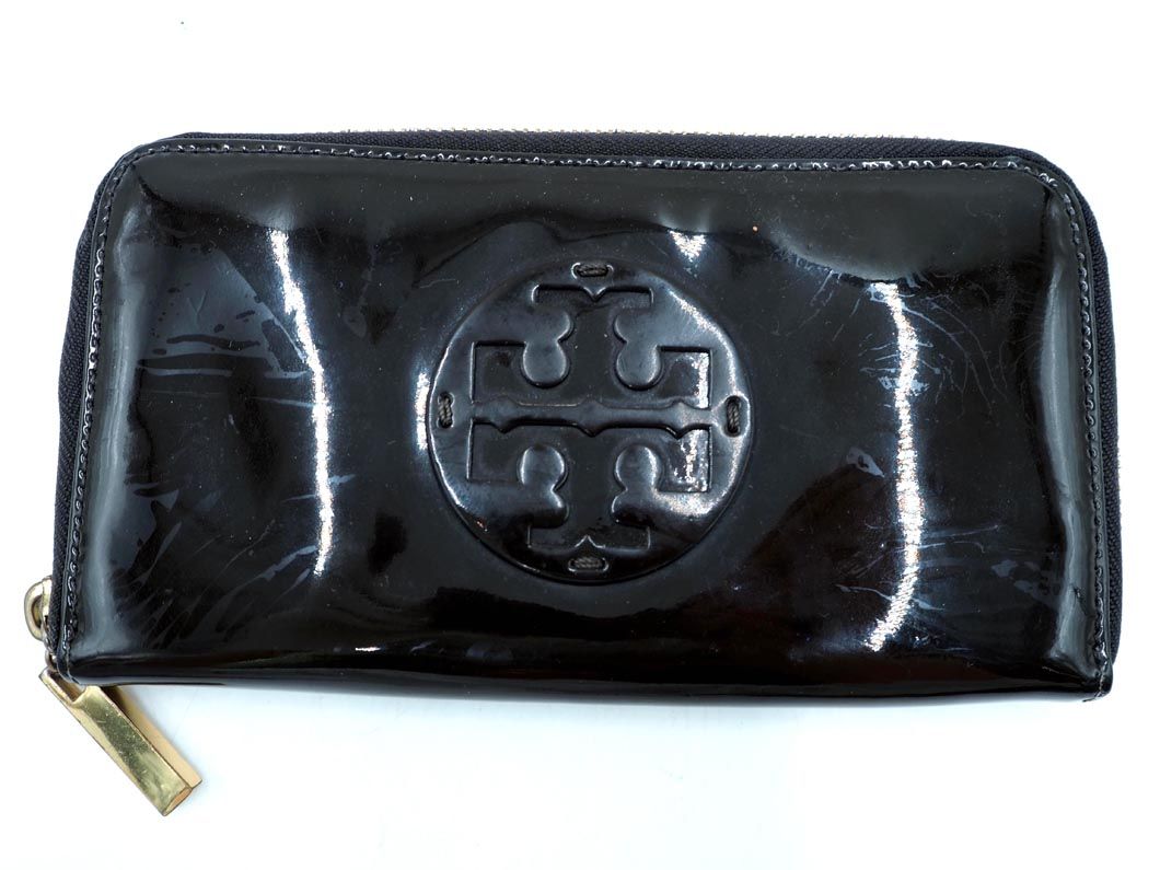 ネコポスOK Tory Burch トリーバーチ エナメル ラウンドジップ ロゴ 長 財布 ダークブラウン ■■ ☆ eba2 レディース【USED】【中古】【古着】【ブランド古着買取・販売ABJ】