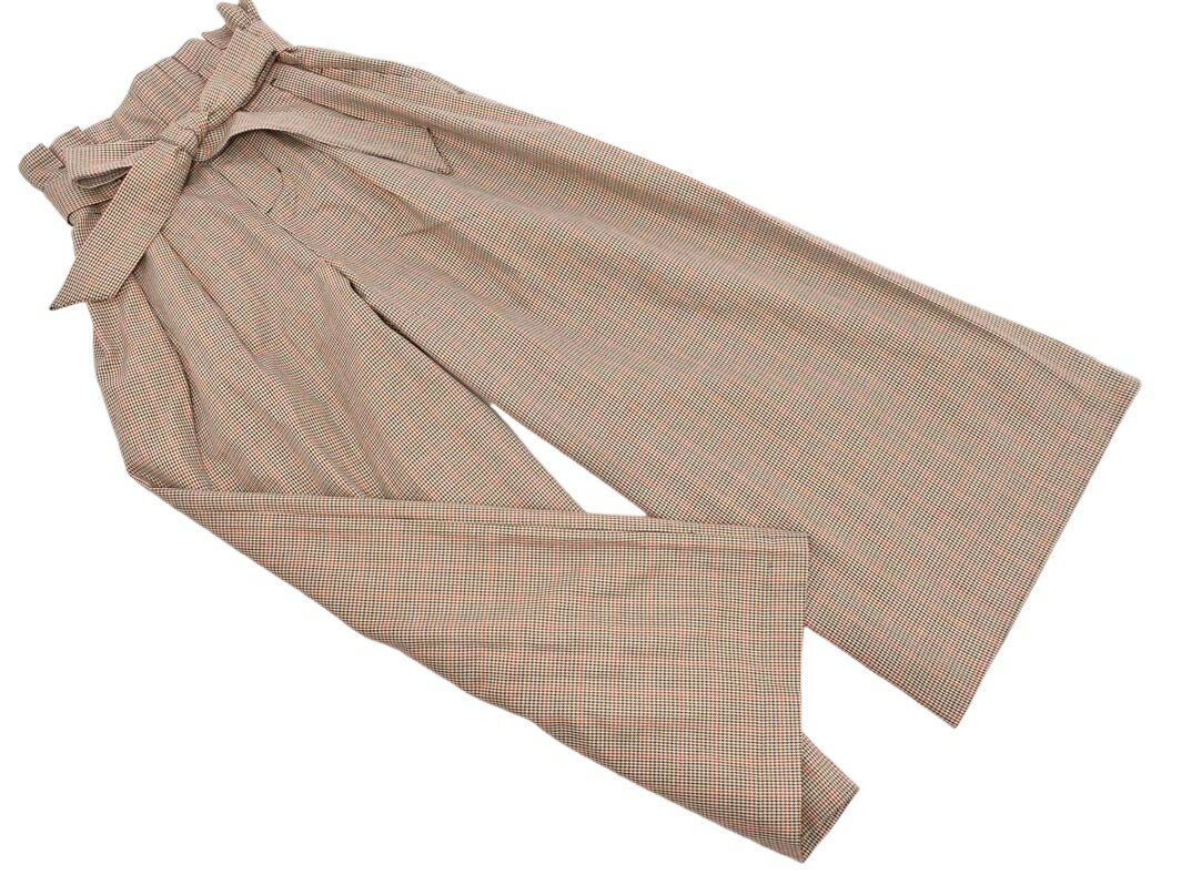 Discoat ディスコート ウエストリボン 付き 千鳥柄 ワイド パンツ sizeM/茶x赤 ■■ ☆ ffa6 レディース【USED】【中古】【古着】【ブラ...