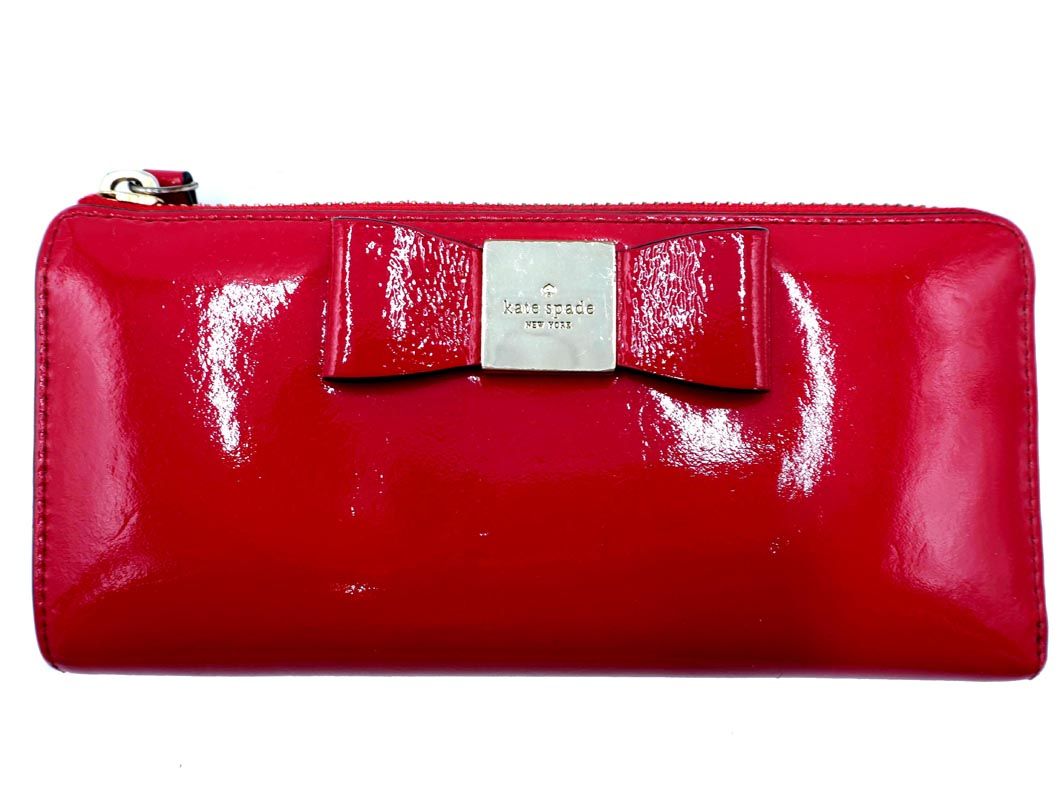 kate spade ケイトスペード パテントレザー リボン ラウンドジップ 長 財布 赤 ■■ ☆ eba6 レディース【USED】【中古】【古着】【ブランド古着買取・販売ABJ】