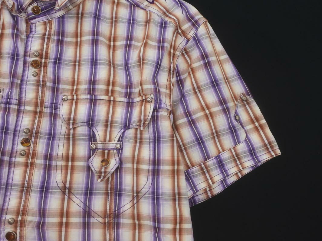 NICOLE CLUB ニコルクラブ チェック 半袖 シャツ size48/紫x茶 ■◆ ☆ fgd0 メンズ【USED】【中古】【古着】【ブランド古着買取・販売ABJ】
