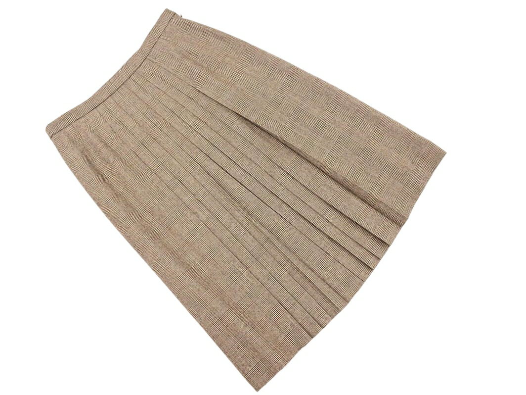Aquascutum アクアスキュータム ウール100% グレンチェック タック ロング スカート ベージュxブラウン ◇■ ☆ fca3 レディース【USED】【中古】【古着】【ブランド古着買取・販売ABJ】