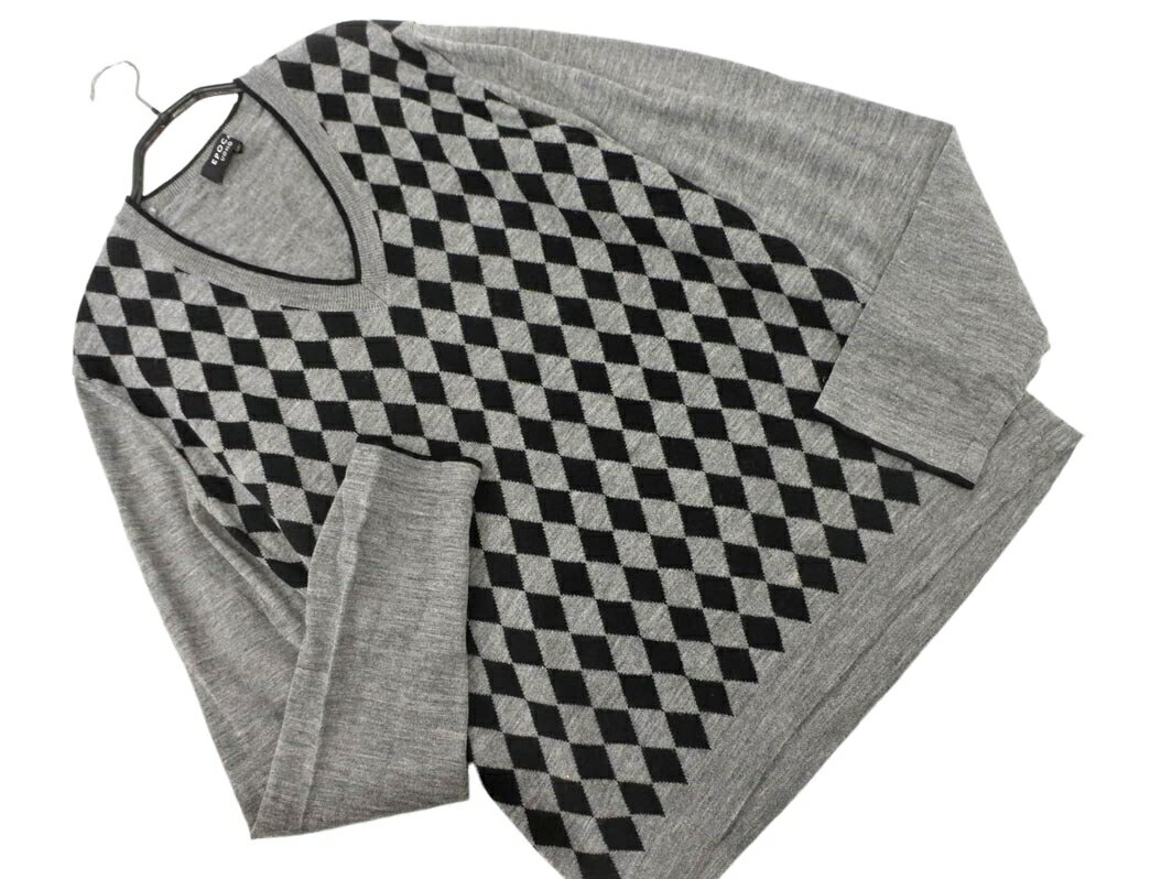 EPOCA UOMO エポカ ウォモ ウール100% ダイヤ柄 Vネック ニット セーター size48/黒xグレー ◇■ ☆ fia3 メンズ【USED】【中古】【古着】【ブランド古着買取・販売ABJ】