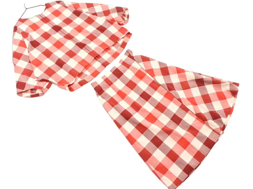 MICHEL KLEIN ミッシェルクラン チェック セットアップ size上38下36/赤 ■■ ☆ fjb0 レディース【USED】【中古】【古着】【ブランド古着買取・販売ABJ】