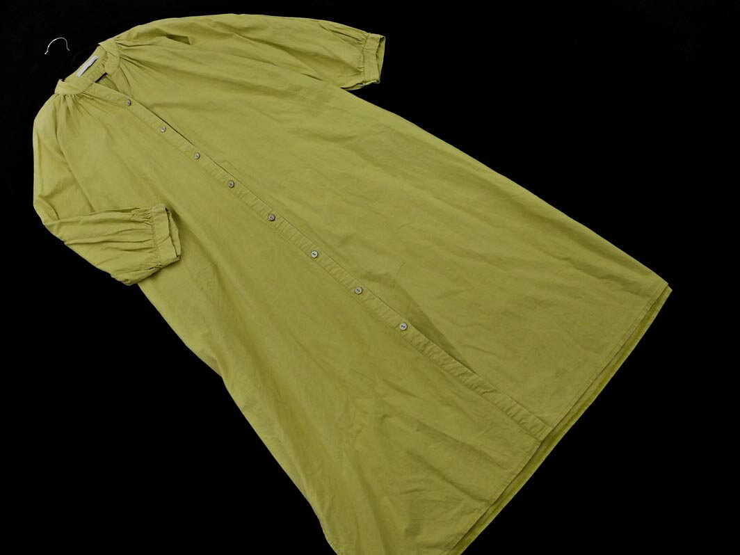 AUNT MARIE'S アントマリーズ バンドカラー ロング シャツ ワンピース sizeF/黄緑 ■◇ ☆ fbb0 レディース【USED】【中古】【古着】【ブランド古着買取・販売ABJ】
