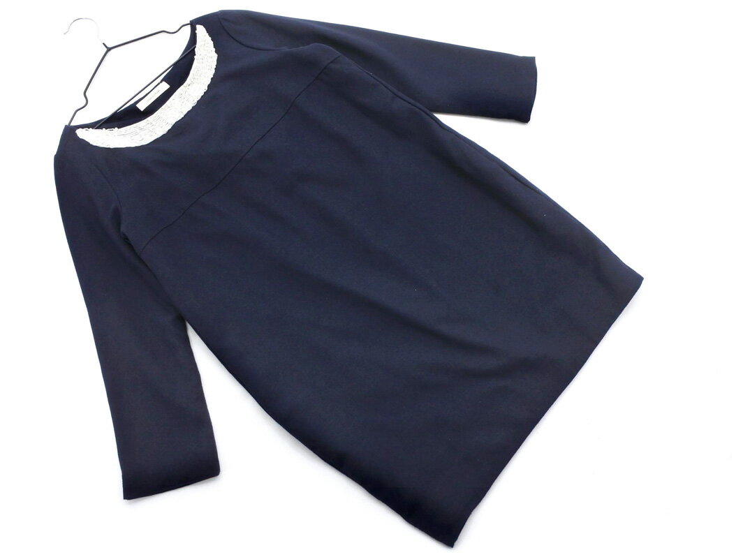 Doux archives ドゥアルシーヴ ビーズ パール Iライン ワンピース sizeF/紺 ■◇ ☆ fgb7 レディース【USED】【中古】【古着】【ブランド古着買取・販売ABJ】