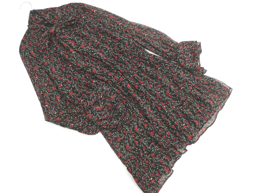 ZARA basic ザラ ベーシック Vネック リボン 花柄 チュニック ワンピース sizeM/黒 ◇■ ☆ fia2 レディース【USED】【中古】【古着】【ブランド古着買取・販売ABJ】