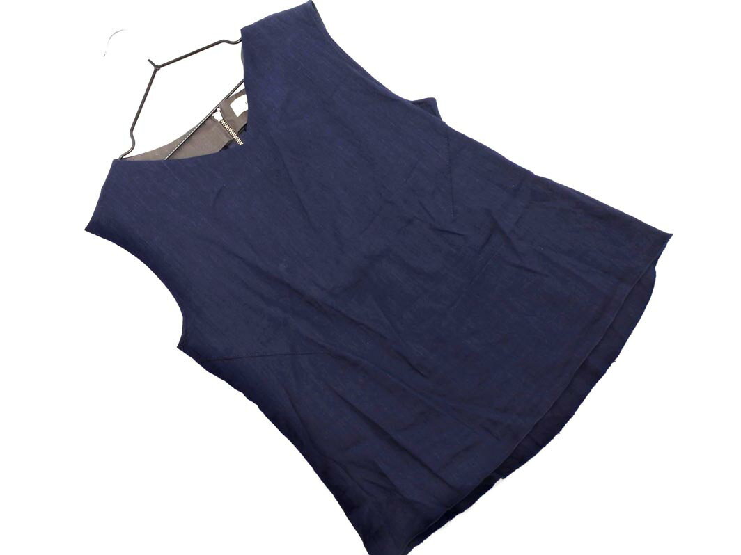 ネコポスOK IENA イエナ リネン混 バックジップ Vネック ノースリーブ ブラウス シャツ 紺 ■◆ ☆ fec9 レディース【USED】【中古】【古着】【ブランド古着買取・販売ABJ】