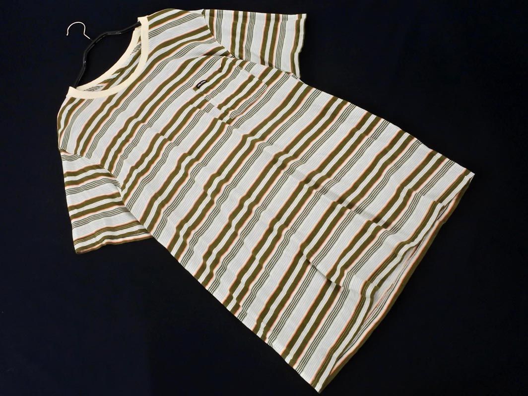 ネコポスOK Volcom ボルコム マルチボーダー Tシャツ sizeM/白xカーキ ■◆ ☆ ega5 メンズ【USED】【中古】【古着】【ブランド古着買取・販売ABJ】