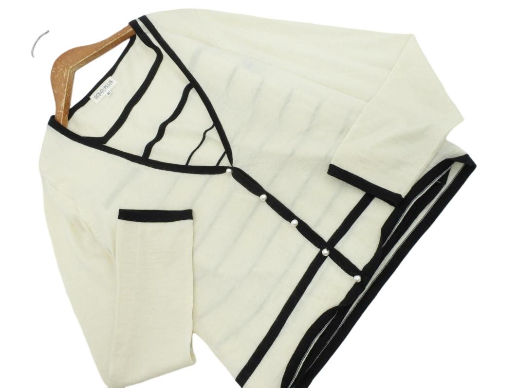 SOLO PLUS ソロプラス ウール100% ボーダー アンサンブル カーディガン size40/アイボリーx黒 ◇■ ☆ eib9 レディース【USED】【中古】【古着】【ブランド古着買取・販売ABJ】