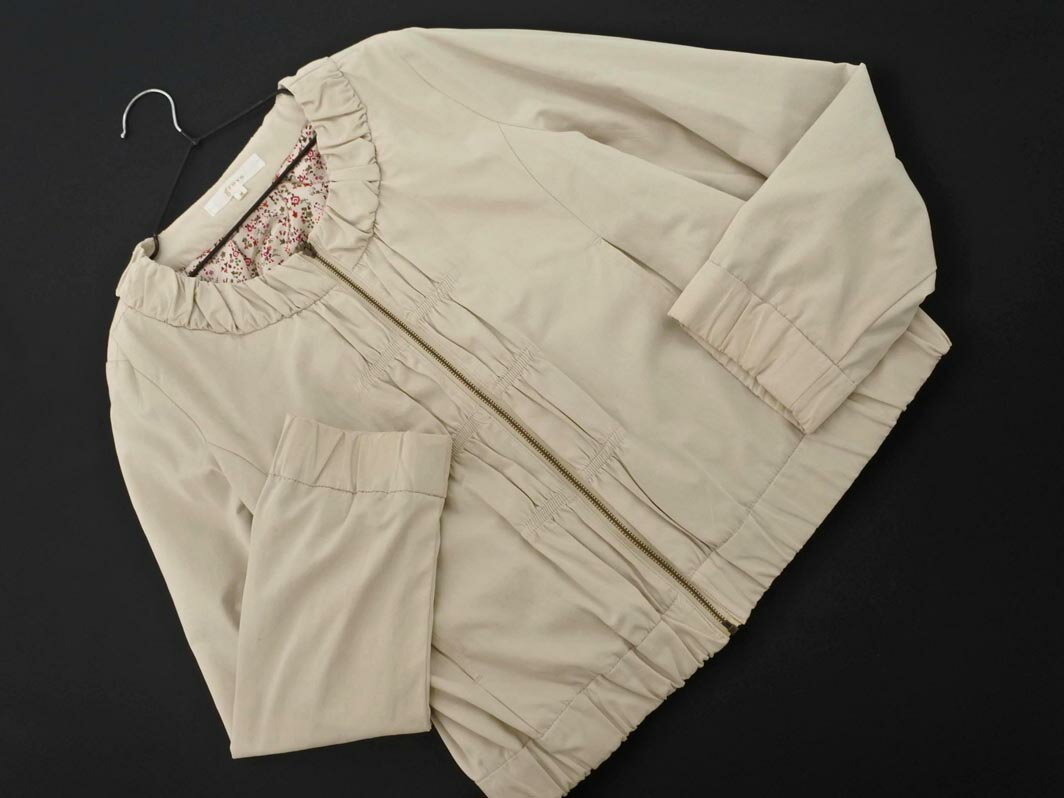 grove グローブ ギャザー ノーカラー ジャケット sizeM/ベージュ ■◇ ☆ fcb4 レディース【USED】【中古】【古着】【ブランド古着買取・販売ABJ】