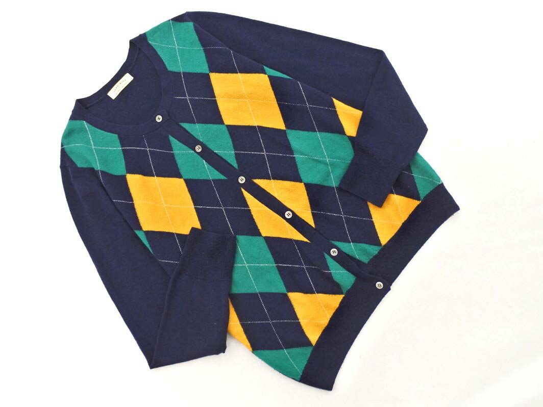FRAME WORK フレームワーク ウール100% アーガイル カーディガン 紺x緑x黄 ◇■ ☆ fjc0 レディース【USED..