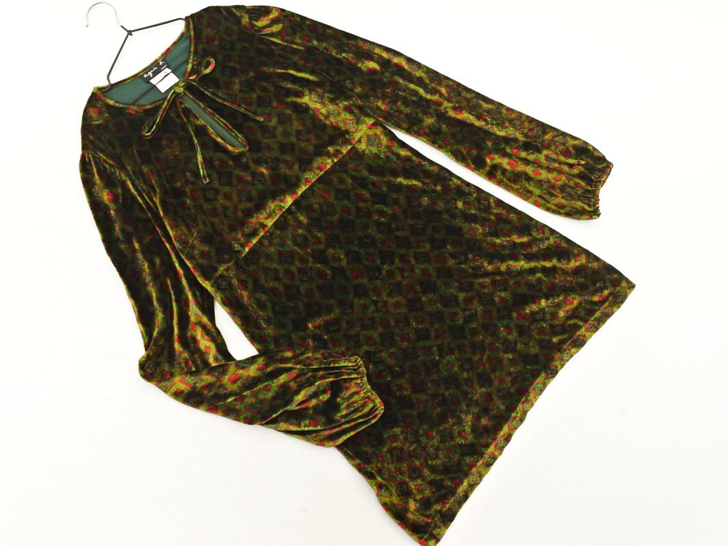 agnes b アニエスベー シルク混 総柄 チュニック ワンピース size40/緑x赤 ◇■ ☆ fka6 レディース【USED】【中古】【古着】【ブランド古着買取・販売ABJ】