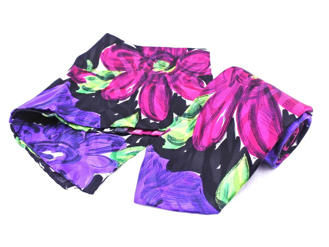 BRIONI ブリオーニ シルク100% 花柄 ネクタイ ハンカチ 2枚セット 黒xピンクx紫 ■■ ☆ fkb8 メンズ【USED】【中古】【古着】【ブランド古着買取・販売ABJ】
