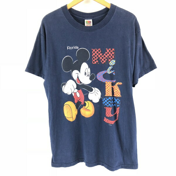 【古着】 Disney ディズニー キャラクターTシャツ　ミッキー　FLORIDA ネイビー系 メンズL 【中古】 n004364