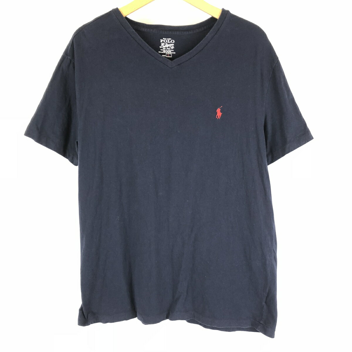 【古着】 RALPH LAUREN ラルフローレン ワンポイントTシャツ Vネック ネイビー系 メンズL n005845