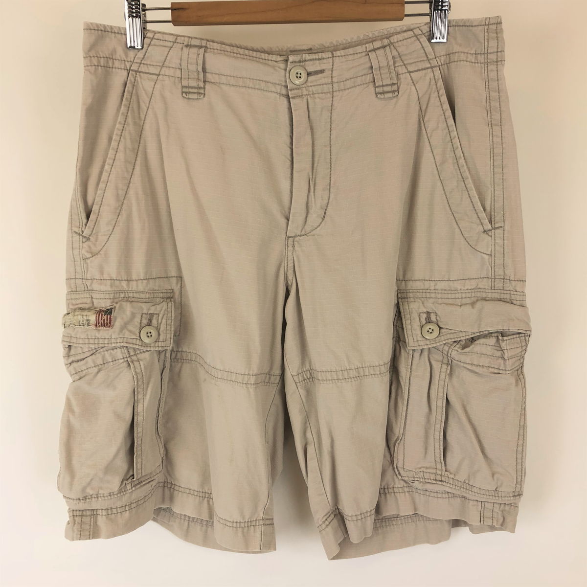 【古着】 RALPH LAUREN ラルフローレン カーゴショートパンツ リップストップ ベージュ系 メンズW32 【中古】 n008734