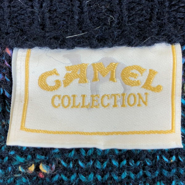 【古着】 CAMEL collection 総柄カーディガン　ジャガード　厚手 総柄 Vネック ネイビー系 メンズXL以上 【中古】 n010937