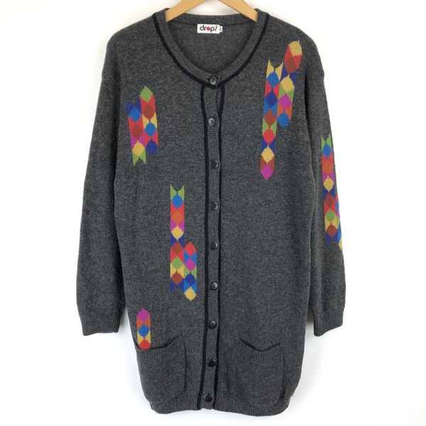 【古着】 drops 総柄カーディガン ロング丈 幾何学柄 杢生地 斬新 グレー系 レディースXL 【中古】 n014184